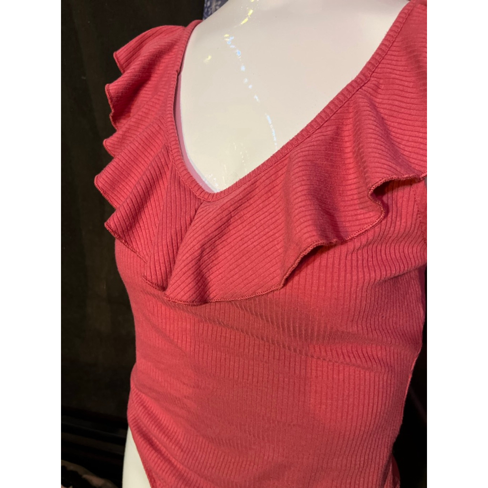 Women's SOCIETY + STITCH Pink Ribbed Ruffle Bodysuit M